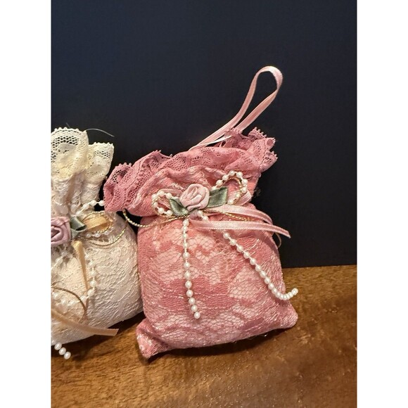 4 Miniature Pearl & Rose Lace Bags Ornaments Pink Cream Victorian Decor Set - Picture 4 of 7